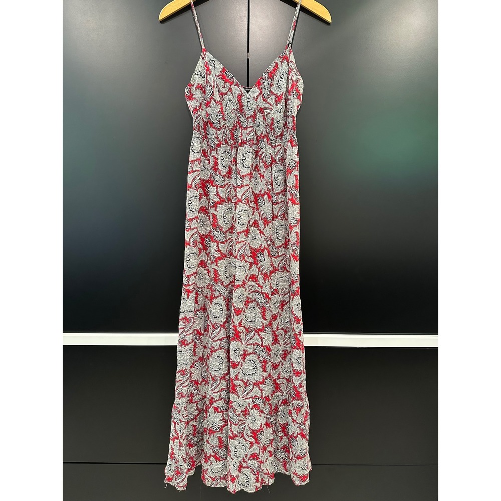 AQUA Womens Red Paisley Smocked Tiered Maxi Dress Small Sleeveless Boho V-Neck